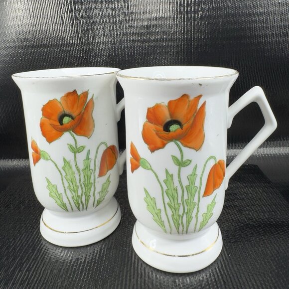 Vintage German Fine Porcelain Pedestal Cup Mug Poppy Red Flower Pattern Set 2 - Picture 1 of 9